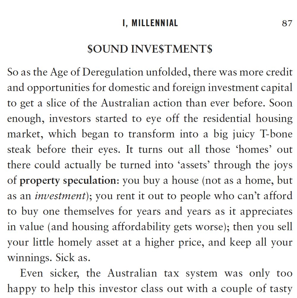 As we GEAR (lol) up for another fight over negative gearing, here's a little summary from my book 'I, Millennial' about just how cooked this tax break is 🧵 1/6

#negativegearing #housing #auspol