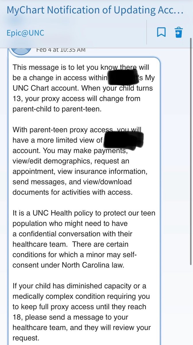 libsoftiktok's tweet image. Received this from a follower in NC. She’s losing access to her kid’s health records because he’s turning 13.

They explain that teens “might need to have a confidential conversation with their healthcare team.”

🚨They’re cutting out parents and hiding important information