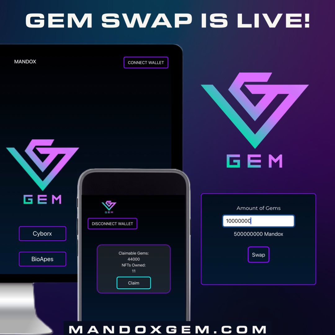 GEM SWAP IS NOW LIVE!

Gem is our ecosystem reward system!

Gem is a liquidity free token used as a point system that will be used throughout our ecosystem! #MandoxNFTs #MandoxPlay <a href="/MandoxCreate/">CREATE | NFT Marketplace</a> 

You can now swap GEM ($mGEM) for $Mandox Token 

MandoxGEM.com