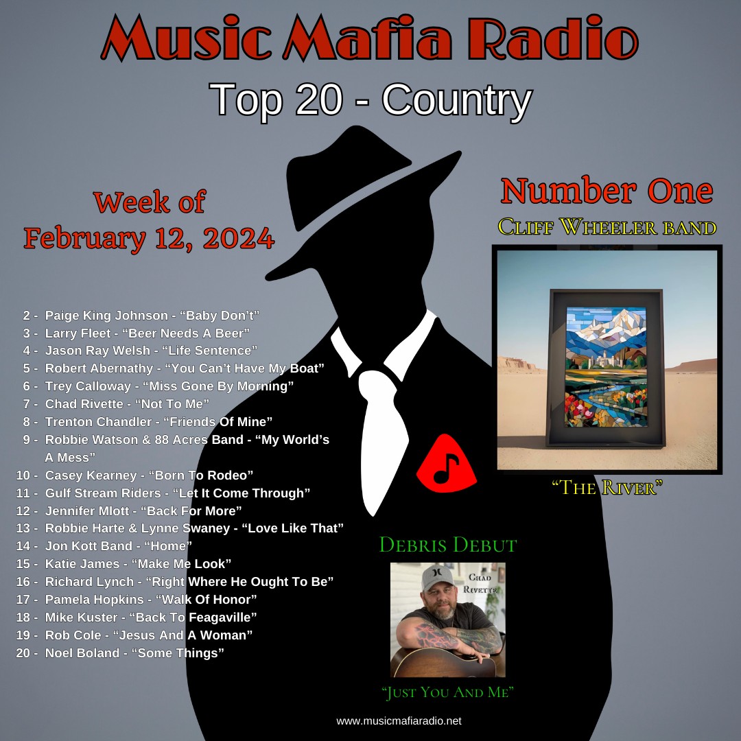 Congrats to this week's MMR Country Rock Top 20! Way to go @MacWheelMusic - 'THE RIVER' is our #1 Country Song! Check out the #newsingle 'JUST YOU AND ME' by @RidersChad tonight's #DebrisDebut! #OneFamilia #CountryTop20