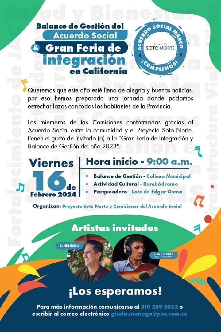Mañana gran feria de integración  en California cordialmente invitados a todos nuestros amigos, líderes y paisanos de la provincia de Soto Norte.
<a href="/ProSotoNorte/">Proyecto Soto Norte</a> 
<a href="/CONSOTONORTE/">Consejo para el Desarrollo de Soto Norte</a>
