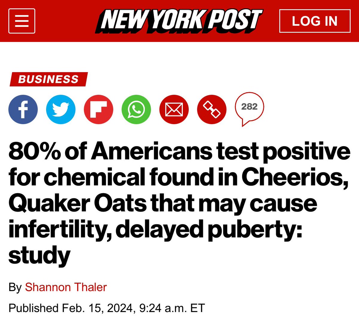 TheChiefNerd's tweet image. “Four out of five Americans are being exposed to a little-known chemical found in popular oat-based foods — including Cheerios and Quaker Oats — that is linked to reduced fertility, altered fetal growth and delayed puberty.

The Environmental Working Group published a study in…