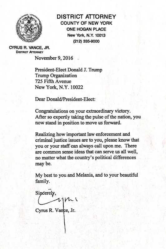 Just watched Cyrus Vance on CNN and I want to remind everyone of his Nov. 9, 2016 letter to Donald Trump. And remember Vance declined to pursue charges multiple times against Trump and his family and company.