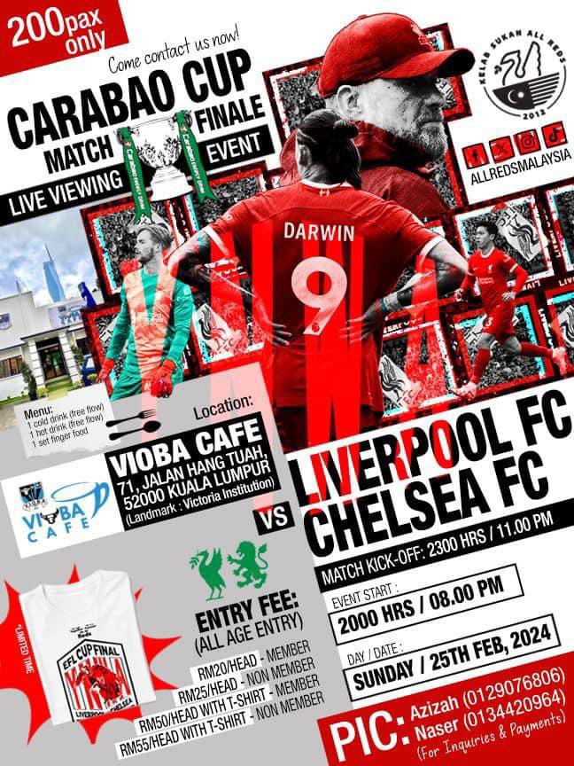 allredsmalaysia's tweet photo. CARABAO CUP MATCH FINALE LIVE VIEWING EVENT

Day / Date :
SUNDAY / 25th Feb, 2024

Event Start :
2000 HRS / 08.00 pm

Match Kick-Off :
2300 HRS / 11.00 pm

Location :
VIOBA CAFE, 71, JALAN HANG TUAH, 52000 KUALA LUMPUR (Landmark : Victoria Institution) https://t.co/KvlZOehUkm