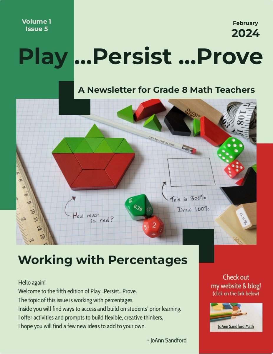 It's finished! 😍 Click on the link below to check out the latest issue of Play...Persist...Prove, my newsletter for Grade 8 Math Teachers. (Although there's lots here for grade 7 as well) I hope you enjoy it! drive.google.com/file/d/138FRkm… #HRCEmath #iteachmath #mtbos