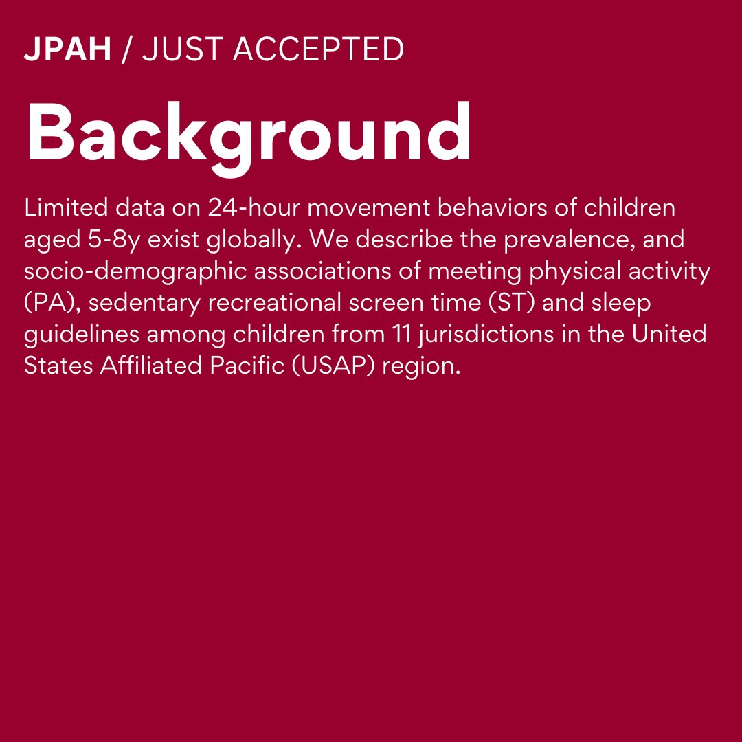 JPAHjournal's tweet photo. 📣Just accepted:
🌏 @sryan801 & colleagues’ investigation of Pacific children’s #PhysicalActivity, #ScreenTime, & sleep, finds 3/4 are not meeting integrated Asia Pacific 24hr #MovementGuidelines. Article coming soon! https://t.co/b58DFdHzny