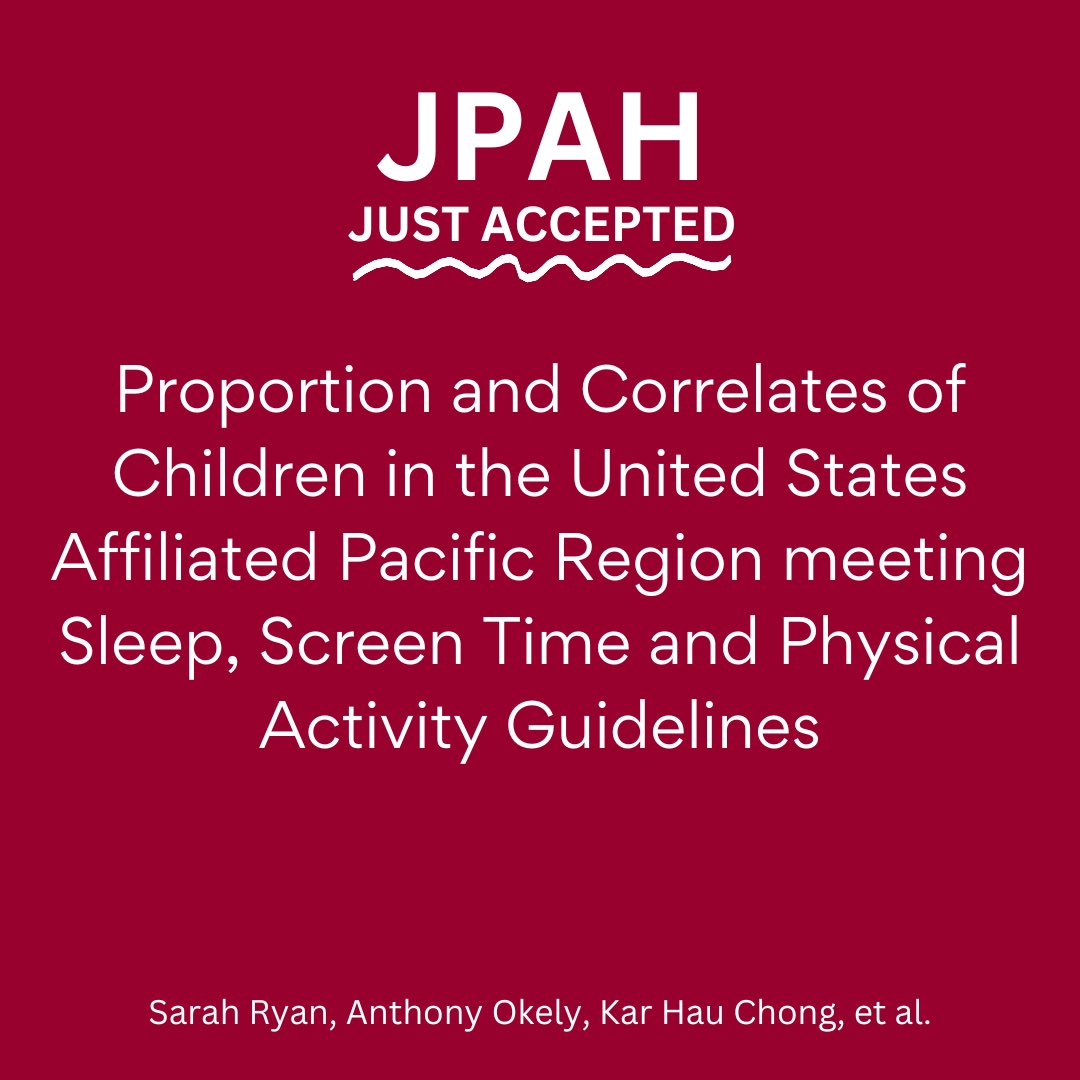 JPAHjournal's tweet photo. 📣Just accepted:
🌏 @sryan801 & colleagues’ investigation of Pacific children’s #PhysicalActivity, #ScreenTime, & sleep, finds 3/4 are not meeting integrated Asia Pacific 24hr #MovementGuidelines. Article coming soon! https://t.co/b58DFdHzny