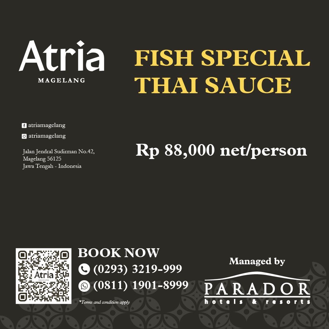 Delight in the unique blend of sweet, sour, and spicy flavours that our Special Fish Thai Sauce bring to every dish.
#atriamagelang #atriahotelmagelang #tourismdestination #magelangeat #kulinermagelang #kulinerjogja #travelkuliner #jatengkuliner #exploremagelang #wisatamagelang