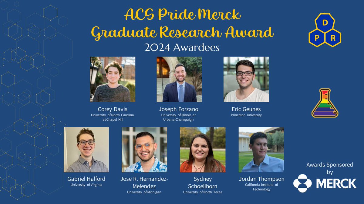 We are looking forward to ACS Pride-Merck Graduate Research Awardees presenting their research during @AmerChemSociety Spring 2024. Thank you @Merck for your support! @ACSPride_prof #QueerInSTEM #GraduateStudent #ACSSpring2024 #ElevatingProfessionalism #ACSPride #Pride #DEIR