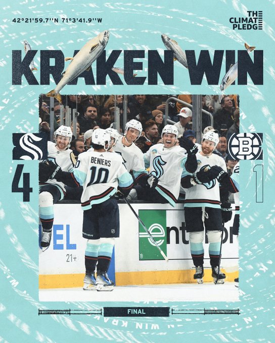 kraken win graphic with photo of beniers kraken: 4 bruins: 1