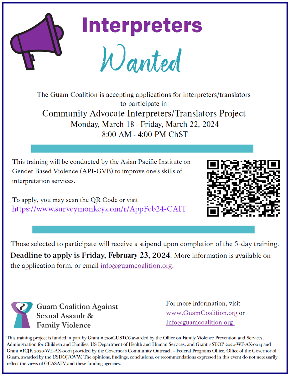 GCASAFV's tweet image. Applications being accepted until February 23 to participate in training for interpreters conducted by Asian Pacific Institute on Gender-Based Violence. Link to apply: surveymonkey.com/r/AppFeb24-CAIT