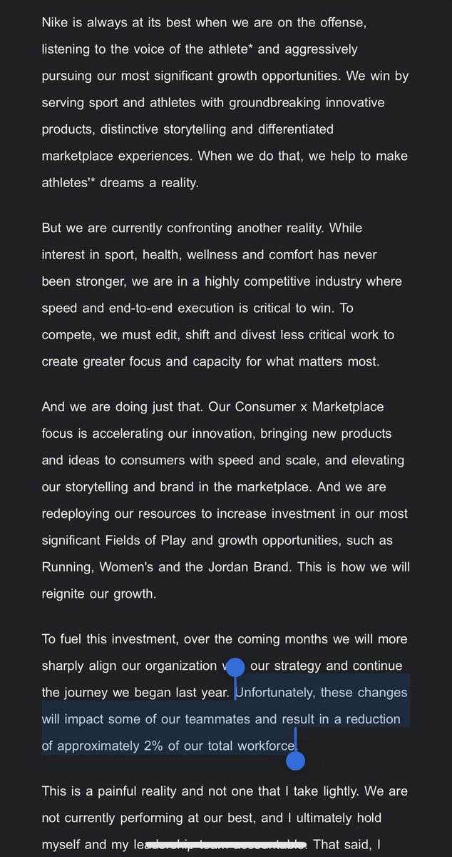 brendandunne's tweet photo. Nike CEO John Donahoe just sent out a long email announcing job cuts at the company, starting tomorrow. The layoffs were forecasted on Nike’s last earnings call, in December. https://t.co/Emg3xlR2OM