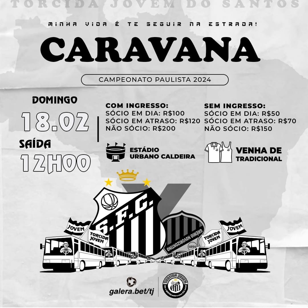 Próxima Caravana: 🚌Saída da Sede: 18/2 às 12h 💰Valores (com ingresso) Sócio em dia R$100 Sócio em atraso R$120 Não sócio R$200 💰Valores (sem ingresso) Sócio em dia R$50 Sócio em atraso R$70 Não sócio R$150 🏳️Use sua camiseta tradicional ou branca do Peixe! #TorcidaJovem