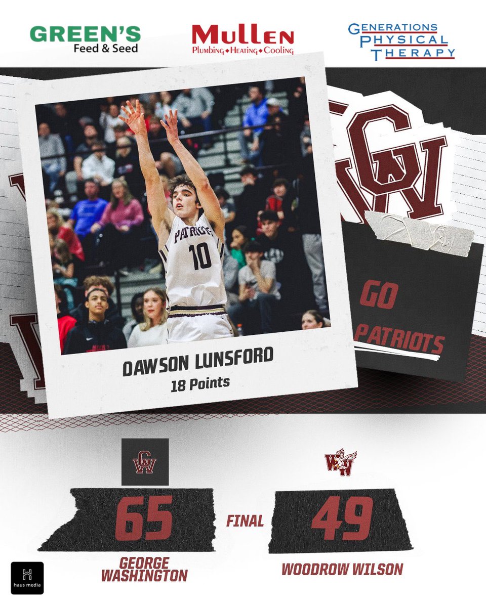 haus media (@haus_media) on Twitter photo Final Score & <a href="/haus_media/">haus media</a> Player of the Game🔥🏀
George Washington High School Boys Basketball <a href="/dawson_lunsford/">Dawson Lunsford</a> who scored 18 points to help the Patriots defeat Woodrow 65-49‼️
Presented by: Green’s Feed Ripley , <a href="/GenerationsPT/">GenerationsPT</a> , Mullen Plumbing Heating Cooling Final Score & <a href="/haus_media/">haus media</a> Player of the Game🔥🏀
George Washington High School Boys Basketball <a href="/dawson_lunsford/">Dawson Lunsford</a> who scored 18 points to help the Patriots defeat Woodrow 65-49‼️
Presented by: Green’s Feed Ripley , <a href="/GenerationsPT/">GenerationsPT</a> , Mullen Plumbing Heating Cooling