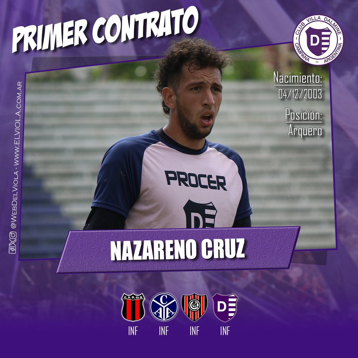 webdelviola's tweet photo. #PrimerContrato El arquero de 20 años Nazareno Fabián Cruz Diemchylo firmó su primer contrato profesional con Villa Dálmine. Realizó inferiores en Defensores de Belgrano, Acassuso y Chacarita Juniors y arribó a Campana en 2023 donde jugó en Cuarta División y Reserva. https://t.co/nSqyjXCKhg
