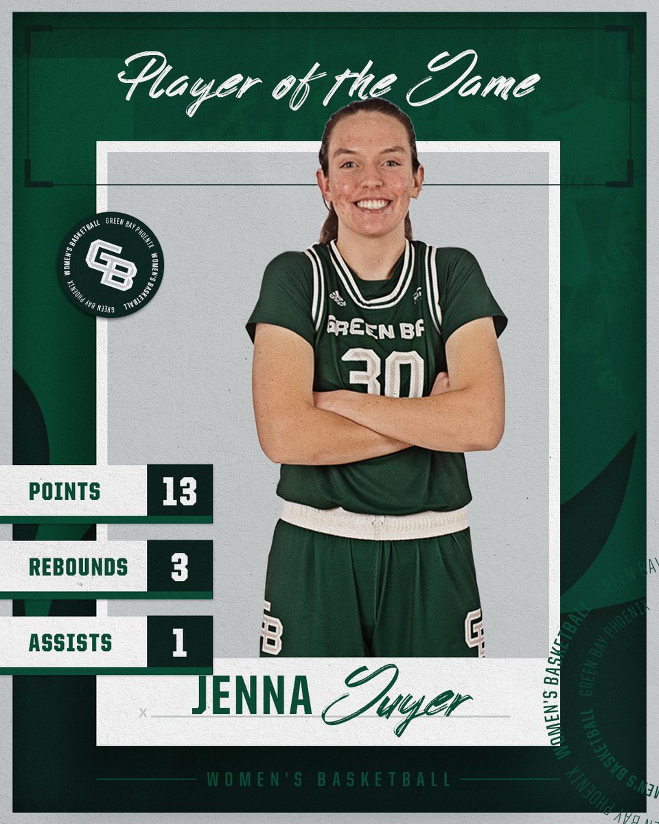 Green Bay Women’s Basketball (@gbphoenixwbb) on Twitter photo 13 points off the bench from <a href="/jennarguyer/">Jenna Guyer</a>? Yeah, that'll suffice for tonight's Player of the Game❗️
#RiseWithUs 13 points off the bench from <a href="/jennarguyer/">Jenna Guyer</a>? Yeah, that'll suffice for tonight's Player of the Game❗️
#RiseWithUs