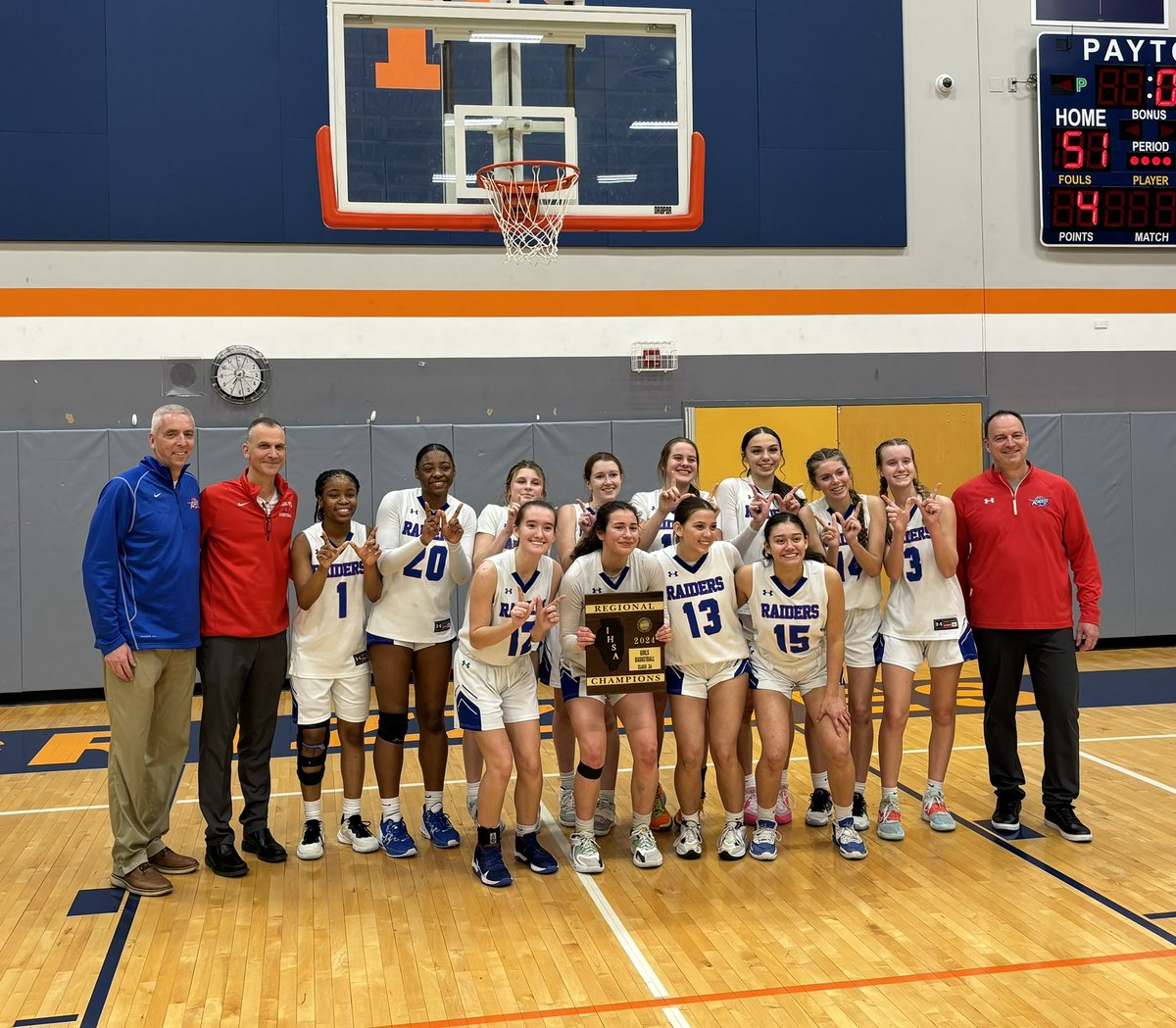 Raiders win the regional championship over Payton College Prep 51-31.  Great all-around team effort led by Sofia Alcala (14pts) and Brooklynn Moore (13pts, 10rebs).  Raiders play Tuesday night at Glenbard South.  Go Raiders!!