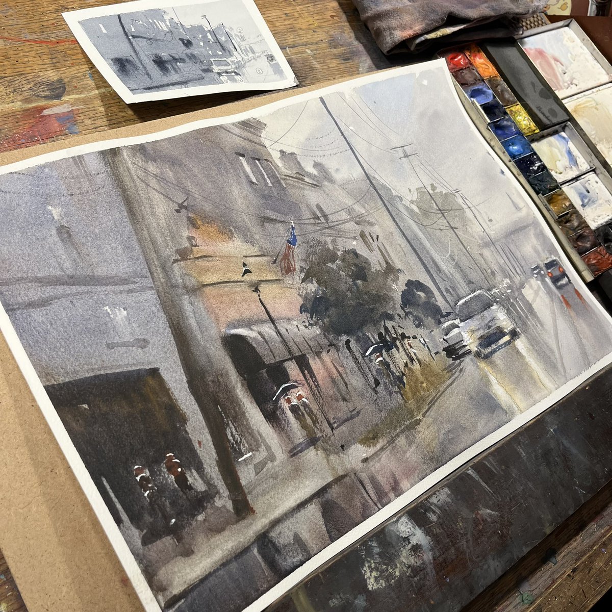 Rainy day demo for a watercolor class I’m teaching