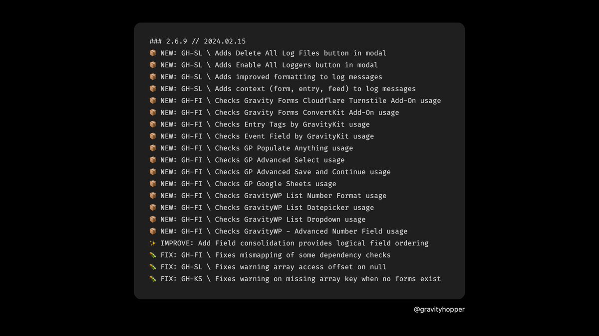Gravity Hopper 2.6.9 → lots of little big stuff

🪵 logging experimentation
💎 form integrity auto-checks 12 more plugins
🧙🏽‍♂️ including <a href="/GravityWiz/">Gravity Wiz</a> Populate Anything
🎛️ fine-tuning the Add Fields panel