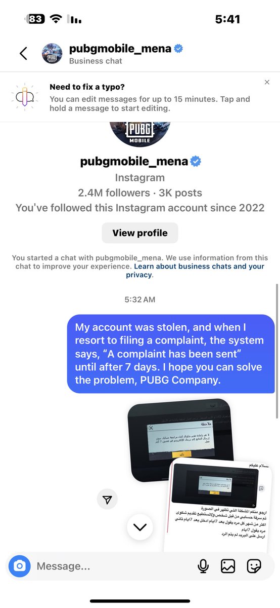 gee_ool's tweet photo. @pubgviip تم سرقة حسابي وعندم اللجواء الي تقديم شكوى يقول النظام لقد تم ارسال شكوي الا بعد 7 ايام اجو منكم حل المشكة شركة ببجي ولم يتم حل المشكلة حتي الان ؟ https://t.co/fBpCUjjOw3