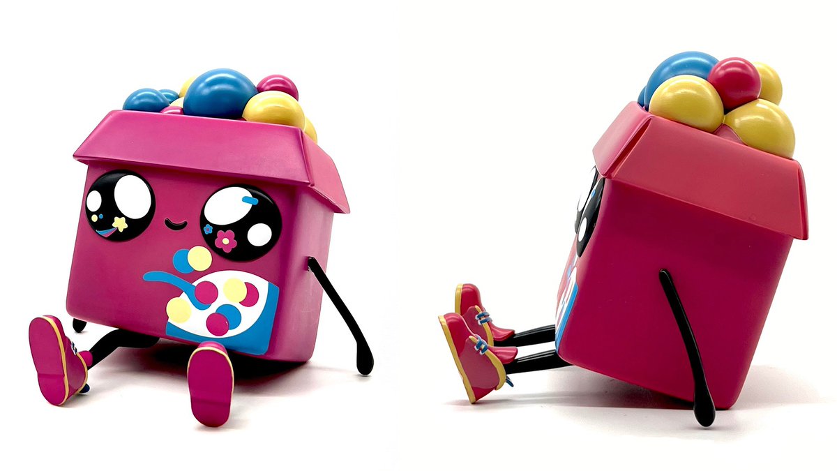 Capturing the childhood joy of a sugary, colorful bowl of cereal, Nez  brings her Cereal Buddy to life as a new resin art toy from UVD Toys. This cute, magenta cereal box is bursting with colorful cereal that tickles our itch for elevated 3D concepts. vinylpulse.com/2024/02/cereal…