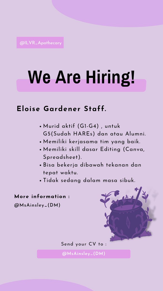 ㅤㅤㅤㅤ
ㅤㅤㅤㅤ
   ㅤㅤㅤㅤ Selamat Pagi, Apothecary sedang membuka lowongan menjadi bagian dari kami, yang berminat atau mau bertanya silahkan menghubungi saya(DM) terimakasih.

Cc: <a href="/ThundyPride/">THUNDY </a>, <a href="/WampussCage/">Wampus</a>, <a href="/Heavlers/">Pukwudgie</a>, <a href="/HS_Cabin/">Horned Serpent</a>.

ㅤㅤㅤㅤㅤㅤㅤㅤㅤㅤㅤㅤ