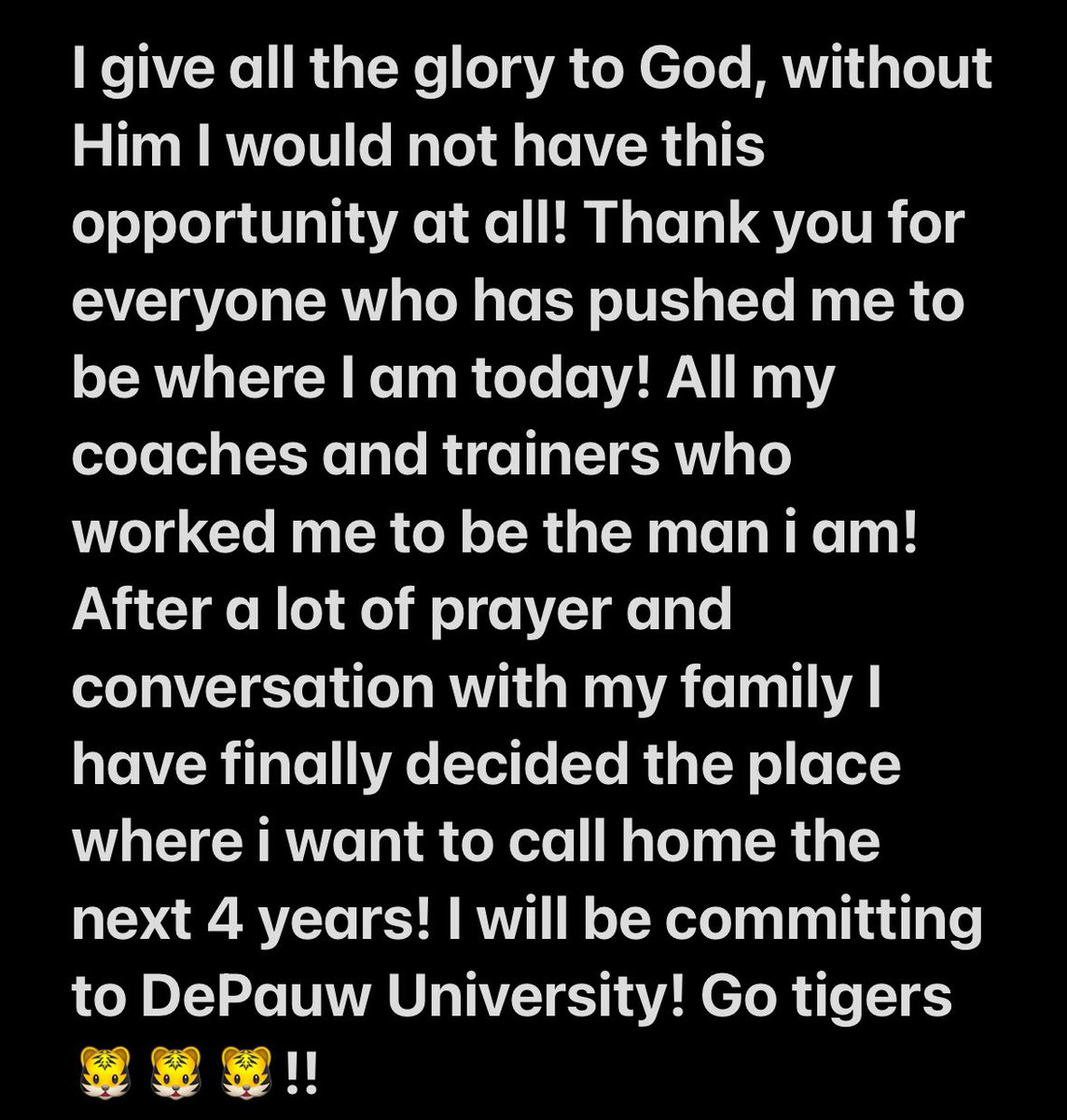 Go tigers!🐯Thank you to everyone!!#AGTG #Committed @NoblesvilleFB @DePauwTigersFB @IndianaPreps @IndyWeOutHere