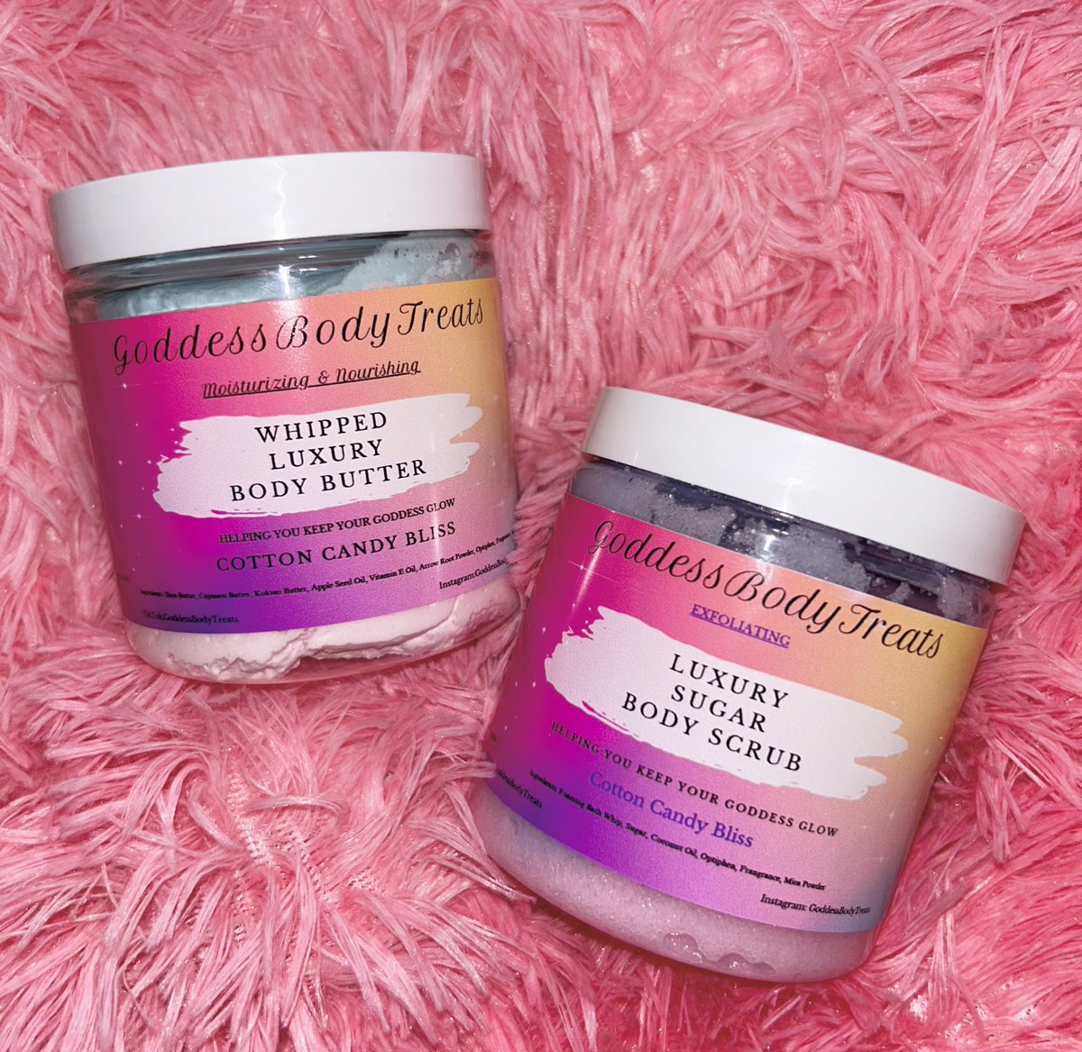 Cotton Candy Bliss Luxury Body Scrub and Luxury Body Butter available soon!
Feel the Goodness 👸🏽🍬
#BodyButter #SkinCare #Natural #GoddessBodyTreats