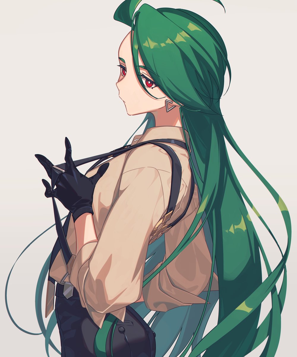 rika (pokemon) 1girl long hair solo gloves suspenders shirt green hair  illustration images