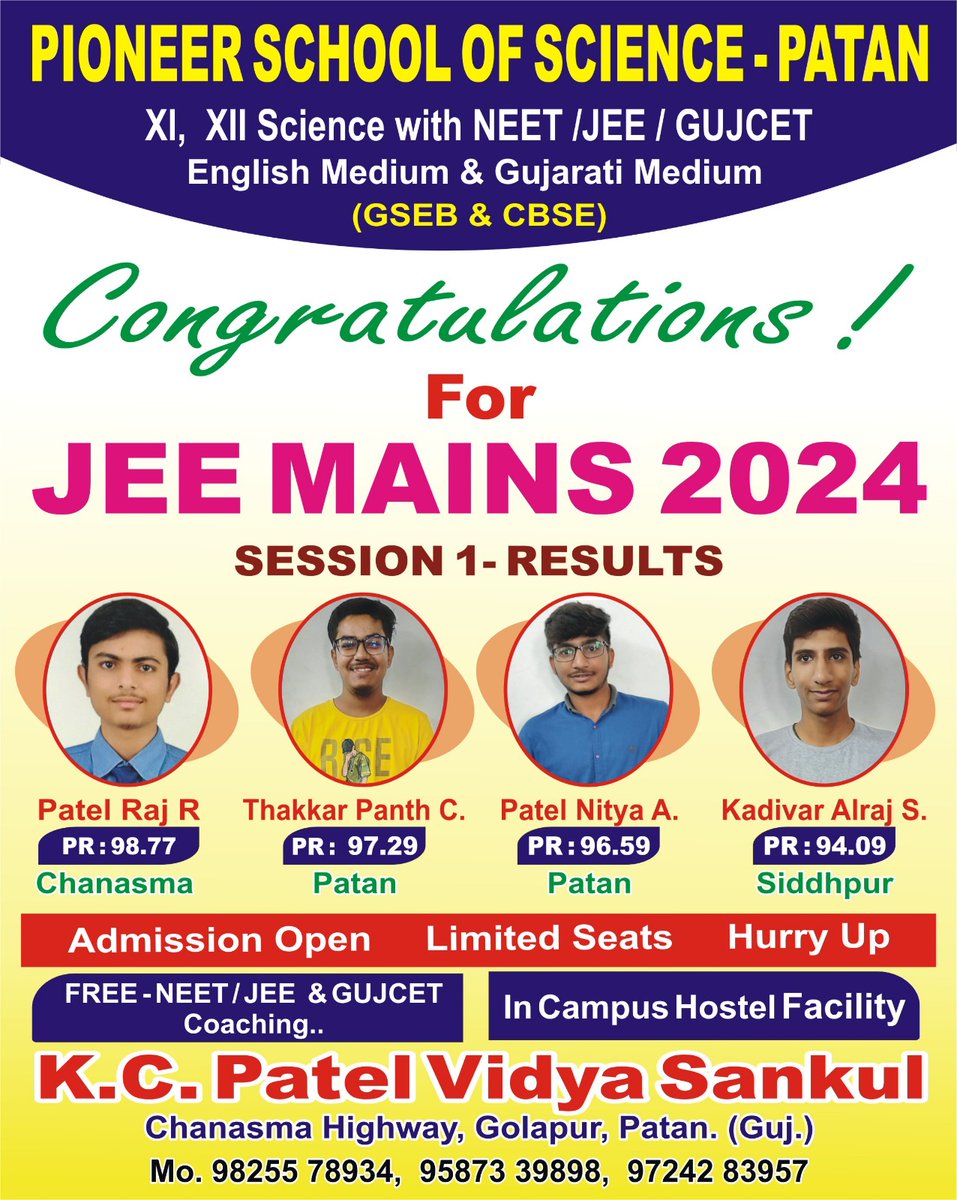 PatanPIONEER's tweet photo. JEE main Session 1 Result
#pioneerschool #pioneerschoolpatan https://t.co/bPyBBHOQJP
