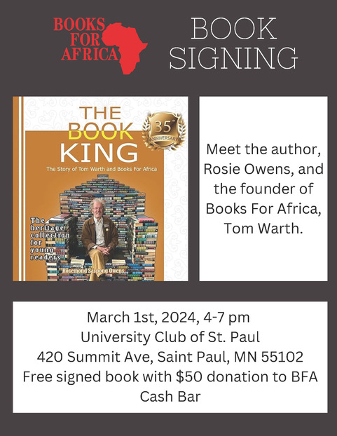 Join @BooksForAfrica for this book signing event to honor Tom Warth founder of Books For Africa founder. Meet yours truly, the author booksforafrica.org/news/the-book-… #lionshistorian #literacymatters