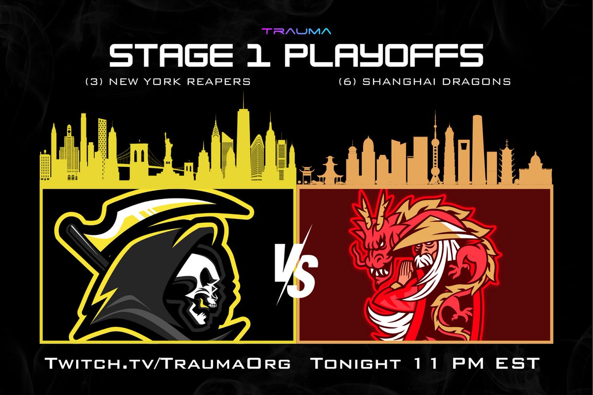 Trauma (@traumaorg) on Twitter photo The #TraumaLeague Stage 1 Playoffs begin in less than an hour!
Tune in at 11 est to catch the (3)New York Reapers and (6)Shanghai Dragons kickoff the first tournament of the season!
Twitch.tv/TraumaOrg The #TraumaLeague Stage 1 Playoffs begin in less than an hour!
Tune in at 11 est to catch the (3)New York Reapers and (6)Shanghai Dragons kickoff the first tournament of the season!
Twitch.tv/TraumaOrg