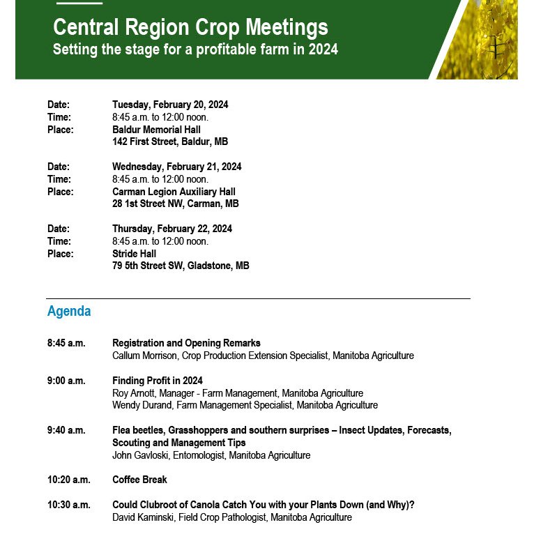 Join me and @MBGovAg specialists TODAY in BALDUR 8:45am - 12 noon for the first Central Region Crop Meeting 🇨🇦 #MBAg #WestCdnAg