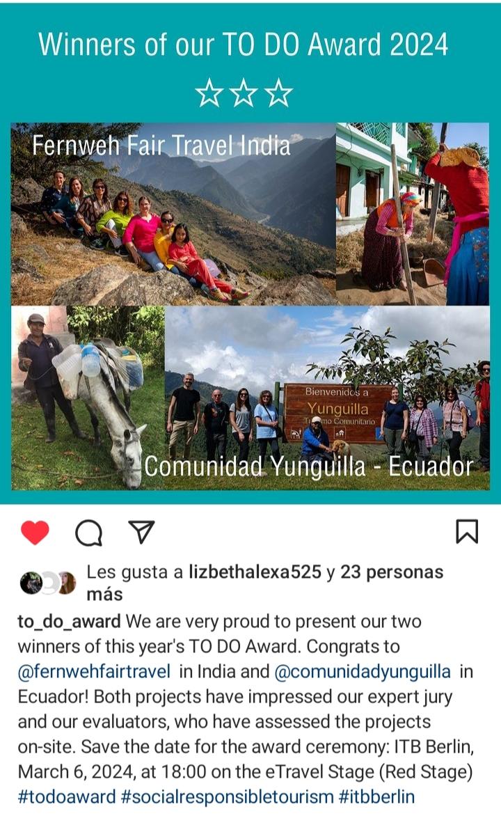 ¡Nuestra Comunidad Yunguilla ganó el premio To Do 2024 a nivel mundial! Este premio reconoce nuestro compromiso con el turismo socialmente responsable y sostenible, y nos llena de alegría saber que estamos inspirando a otras comunidades alrededor del mundo. 
#PremioToDo #Turismo