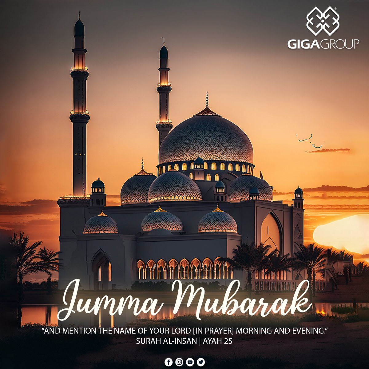 𝐉𝐮𝐦𝐦𝐚 𝐌𝐮𝐛𝐚𝐫𝐚𝐤! 'And mention the name of your Lord [in prayer] morning and evening.' (Surah-Al-Insan : 25) . . #gigagroup #Friday #prayers #fridayblessings #fridayprayers #fridaypost #FridayBlessings #jummamubarak #Fridayvibes #islamicday #WTCPAK