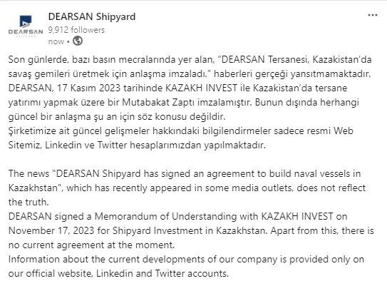 Son günlerde, bazı basın mecralarında yer alan, “DEARSAN Tersanesi, Kazakistan’da savaş gemileri üretmek için anlaşma imzaladı.” haberleri gerçeği yansıtmamaktadır.