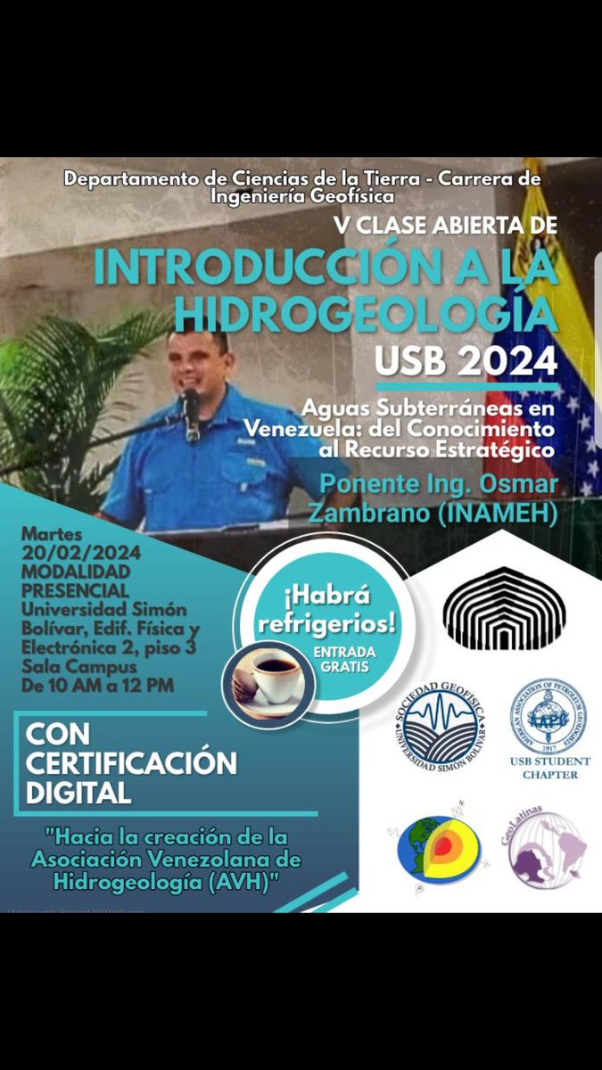 Nos complace invitarlos a la V Clase Abierta de la asignatura: Introducción a la Hidrogeología, del Departamento de Ciencias de la Tierra, de la Universidad Simón Bolívar. @campusb @Alumn_USB @capituloaapgusb @geolatinasusb @CEIG_USB  @SGeoUsb @INAMEH