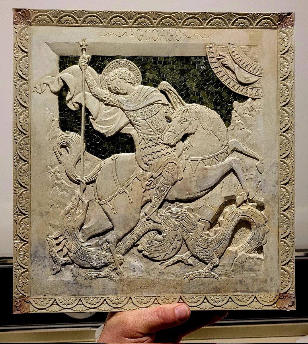 Finally finished the carving of St George and the dragon. It has a ...