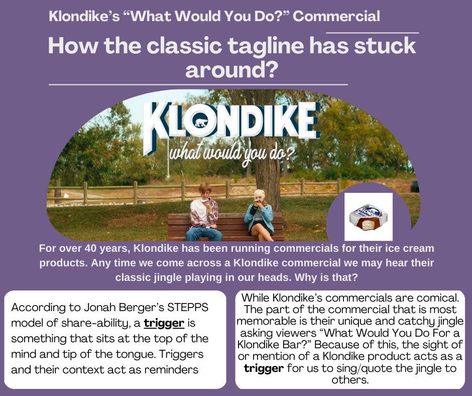 DarcKnight36's tweet photo. What would you do for a Klondike? Using Jonah Berger’s STEPPS model, we can find out why we always think of that classic catchy jingle when we see or hear about a Klondike product! #icecream #Klondike #mimsPR #thursdayvibes https://t.co/mhea36FNvO
