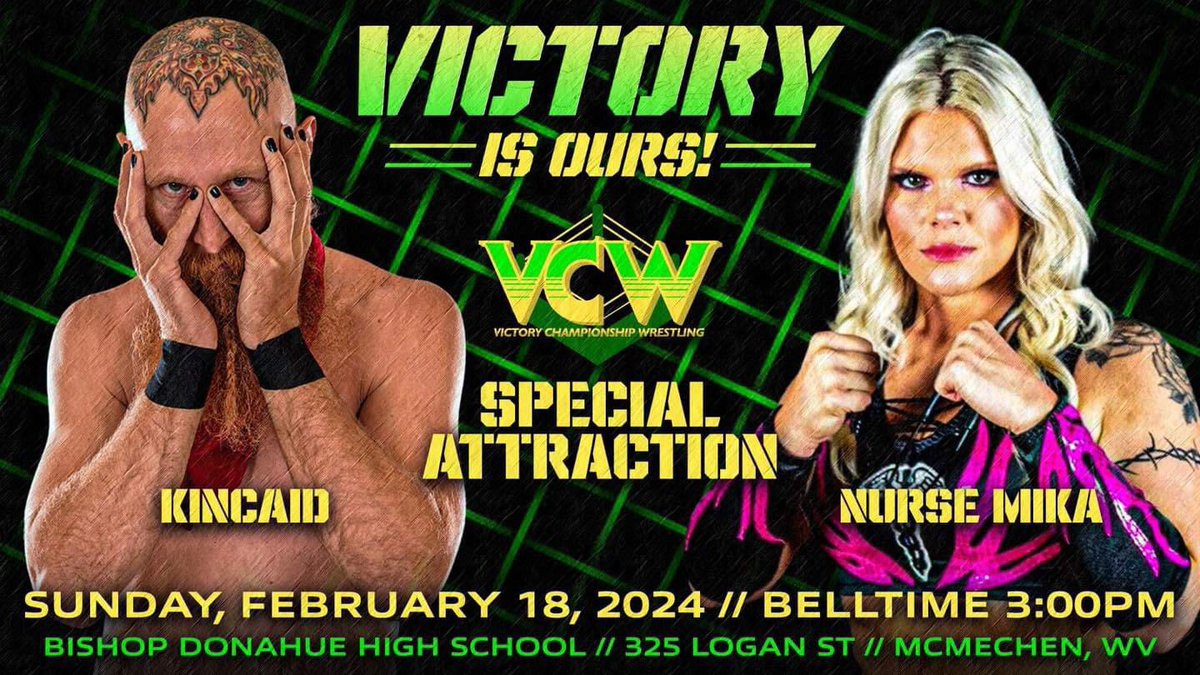 The debuting Nurse Mika is coming to McMechen to take on fan favorite Jason "The Gift" Kincaid.  Nurse Mika has been proving herself across the tri-state area and VCW officials are excited to see Mika step into our ring!