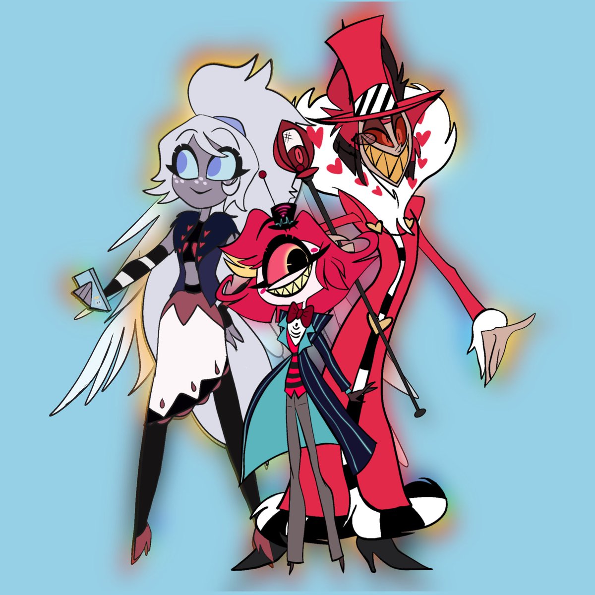 Chronobellina's tweet photo. Time travel that move a chair (not me ofc)
Weren’t the Vees to be a little different? (・Д・)

Thank you so much for the wonderful art to our Nifty/Vox @KuronekoNene 
@Crowfromthemoon looking fabulous as Alastor/Valentino and then there is me as Emily/Velvette 
#HazbinHotel https://t.co/ILmQPdF0mp