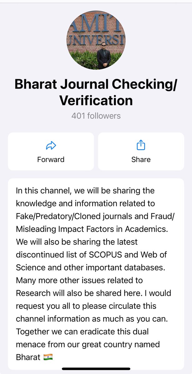 whatsapp.com/channel/0029Va…

This WhatsApp channel will serve the nation &amp; get rid of Fake/Predatory/Cloned journals &amp; Fraud/Misleading Impact Factors which are subsequently adversely impacting the ranking and accreditation system. <a href="/ugc_india/">UGC INDIA</a> <a href="/EduMinOfIndia/">Ministry of Education</a> <a href="/AICTE_INDIA/">AICTE</a> <a href="/NAAC_India/">NAAC</a>