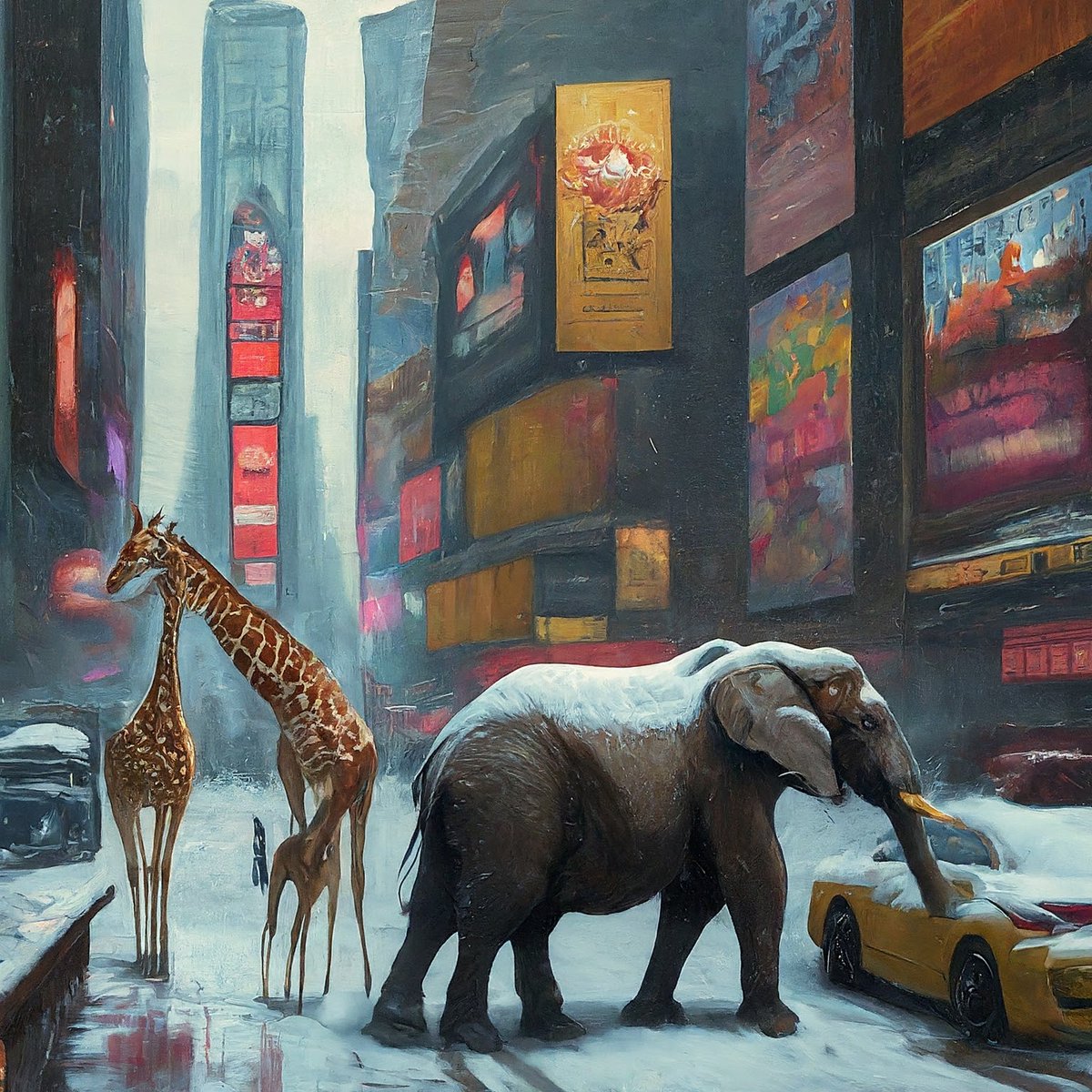 Just witnessed a giraffe-ic traffic jam in Times Square! Three giraffes  and an elephant trying to hail a cab in this freezing weather. New York  City never disappoints with its wild surprises! ❄️🦒🦒🦒🐘 #OnlyInNYC  #GiraffesInTheCity #WinterWonderland