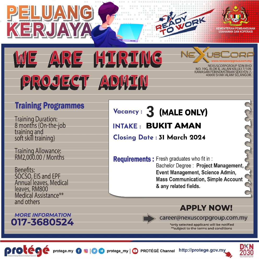 protege_my's tweet photo. Dear Graduates,
We have good news!
NEXUSCORPGROUP SDN BHD is looking for PROTÉGÉ-RTW Trainee
Hurry up and send your resume to career@nexuscorpgroup.com.my
Kindly refer poster for more information.
We wish you all the best and good luck 🌸
#PROTEGERTW https://t.co/FgkFDwK3Xa