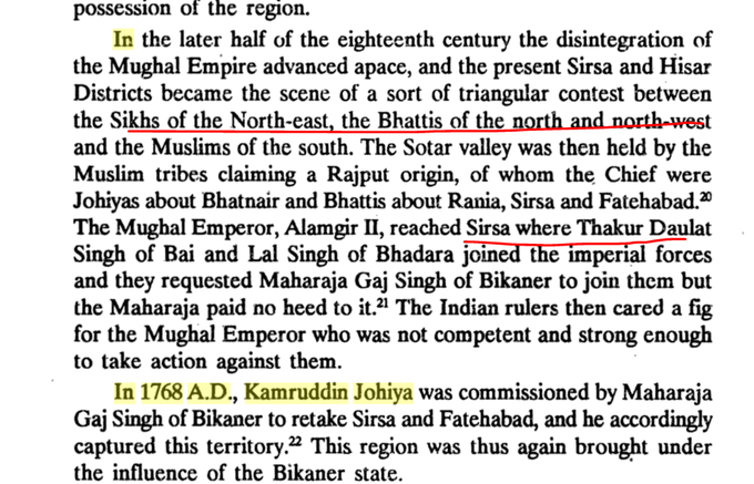 By the middle of the 18th century, the Mughal Empire disintegrated.

East Punjab/Haryana region became part of the struggle  between three tribes,
Bhatti Rajputs dominating north and north-west, Johiya Rajputs in south and sikhs in east.