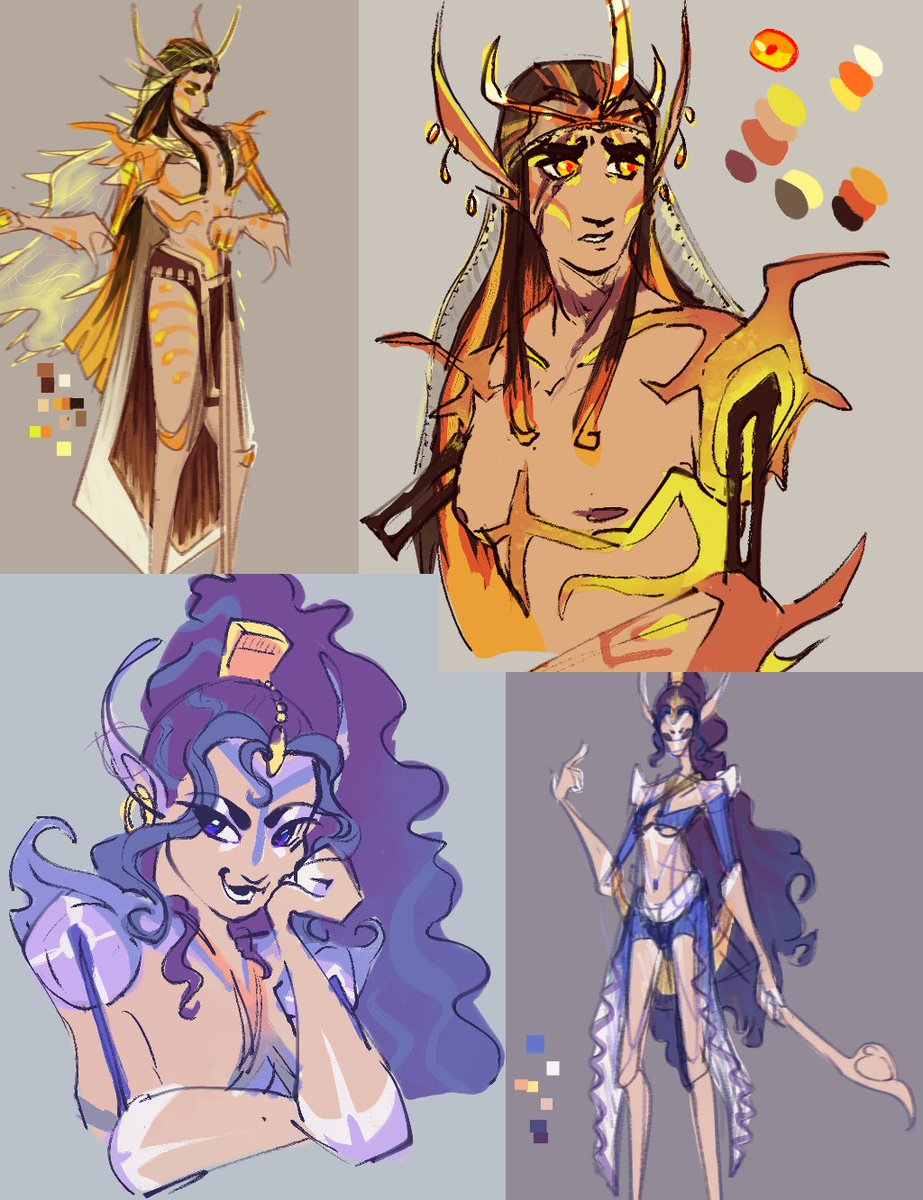 Lake_Tide_'s tweet photo. Some recent redesigns, not cat content but worth the share! Helios the exiled prince (rebellions are a bad time to get crowned) and Ibza the drunken heiress (do you really have financial problems if youre sloshed by 2pm?)! https://t.co/72wPuLeeMV