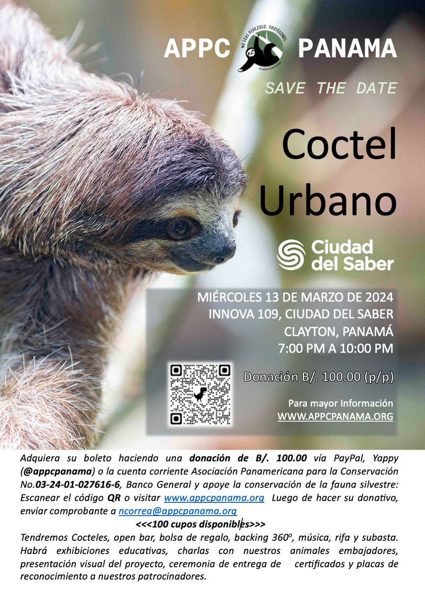 APPC_Panama's tweet photo. Save  the Date
Miércoles 13 de Marzo de 2024
Innova 109, Ciudad del Saber.  Clayton Panamá. 
Adquiera su entrada a través de una Donación de B/. 100.00 (p/p)  y apoya los programas de Conservación de #APPCPANAMA https://t.co/MVlxouwSrC