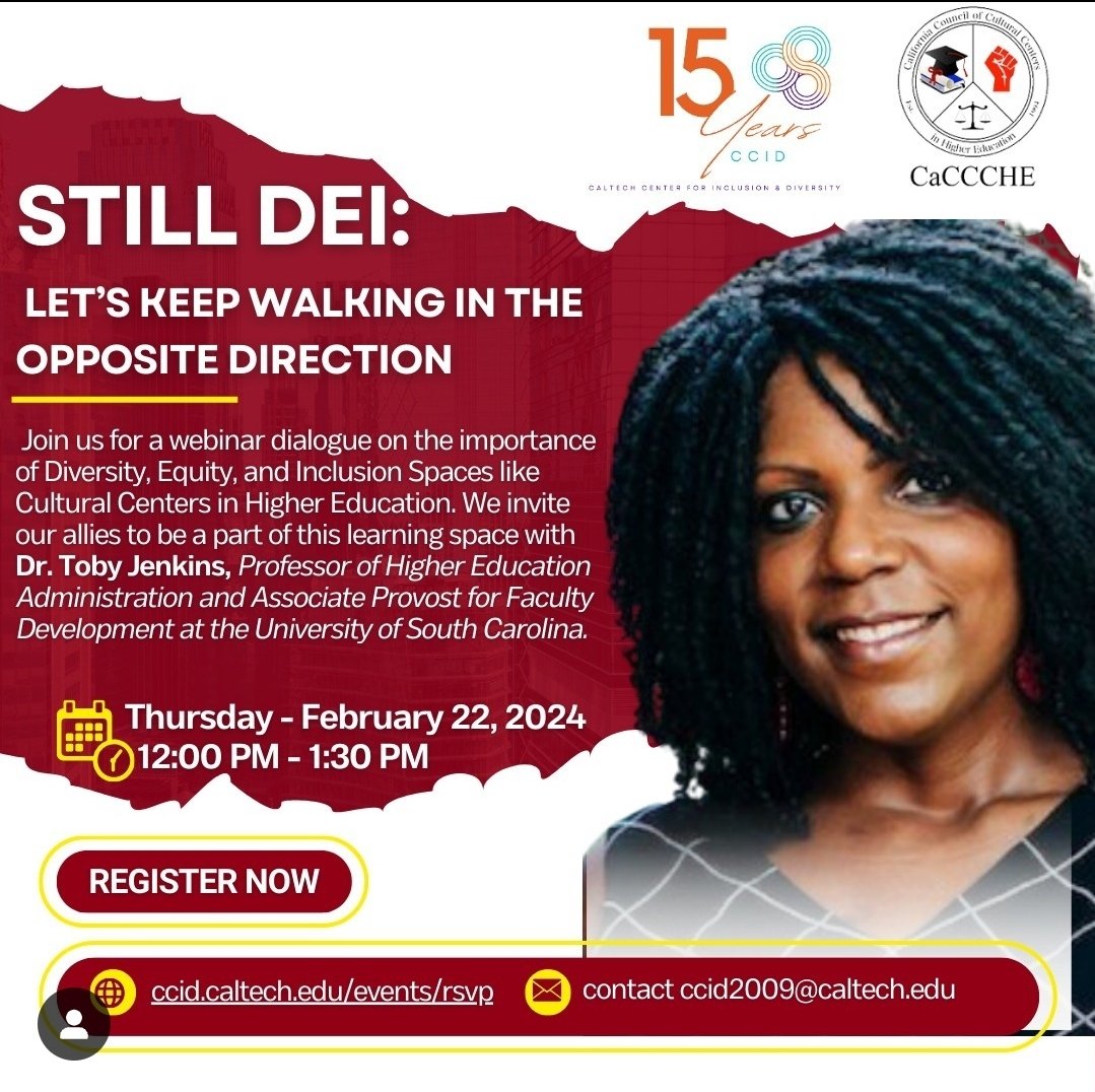 CaCCCHE's tweet photo. Join CalTech’s Center for Diversity and Inclusion for a webinar dialogue with Dr. Toby Jenkins. selected the title, "Still DEI: Let's Keep Moving in the Opposite Direction." The webinar is 2/22/2024 at 12pm -1:30pm.

Link: https://t.co/uYNxviKujV https://t.co/NZAB4tUWuQ