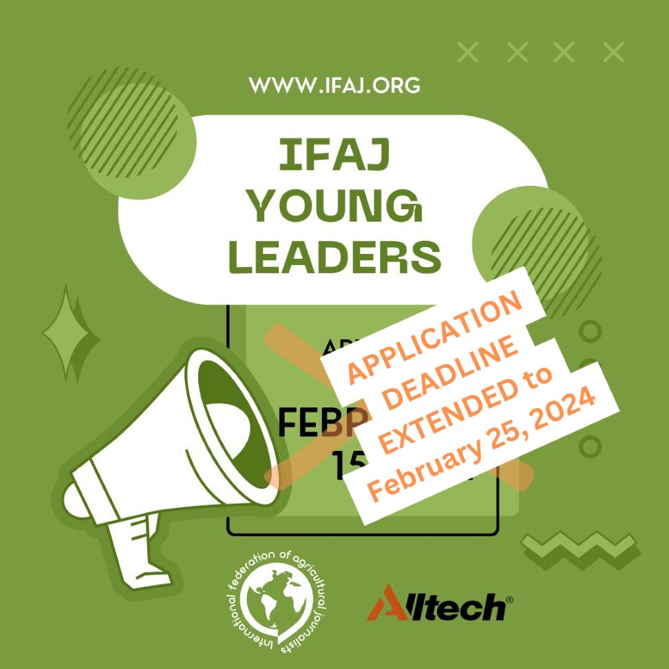 IFAJ/Alltech Young Leader Application Deadline Extended to February 25, 2024! Don’t miss the chance to nominate a rising star for the @IFAJ/@Alltech Young Leader Program! 35 and younger can apply. Find out more: ifaj.org/our-programmes… Apply here: quanglo.wufoo.com/forms/sbo9gog1