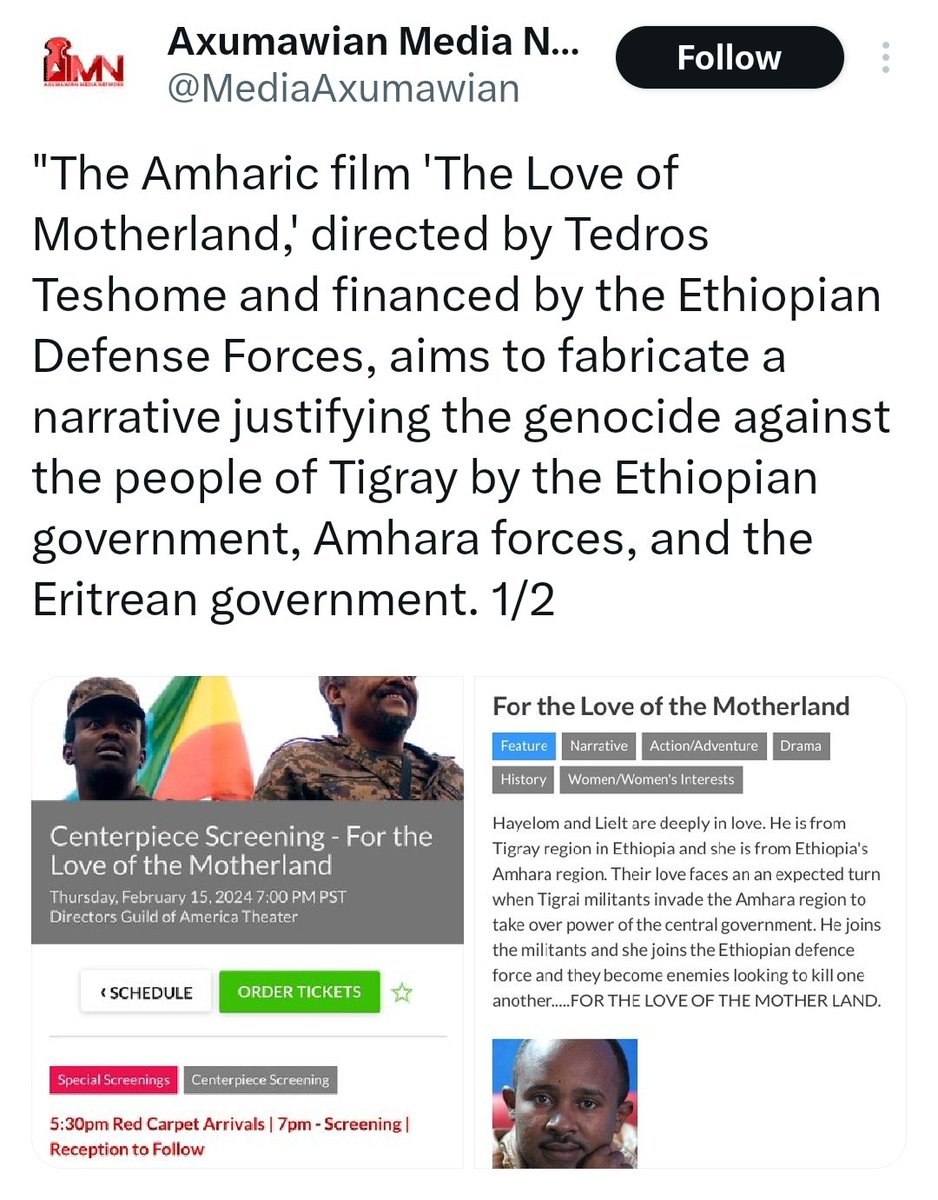 girmakaal's tweet photo. Very lethal movie that supports and celebrates a genocide and genociders of #Tigray, funded by the #Ethiopiangovernment. Denial is the 10th stages of genocide following extermination and thats what this movie is covering with misinformation. It's a disgrace for #PAFF https://t.co/a6r05i4Cmg